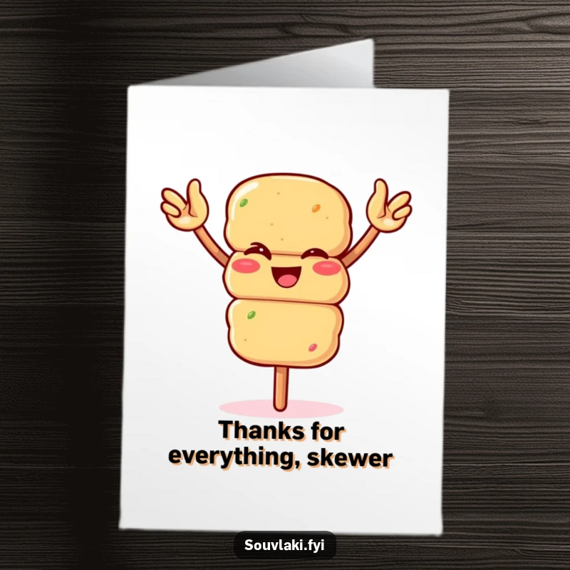 Funny free printable thank you card with a souvlaki skewer winking and enthusiastically waving arms.
