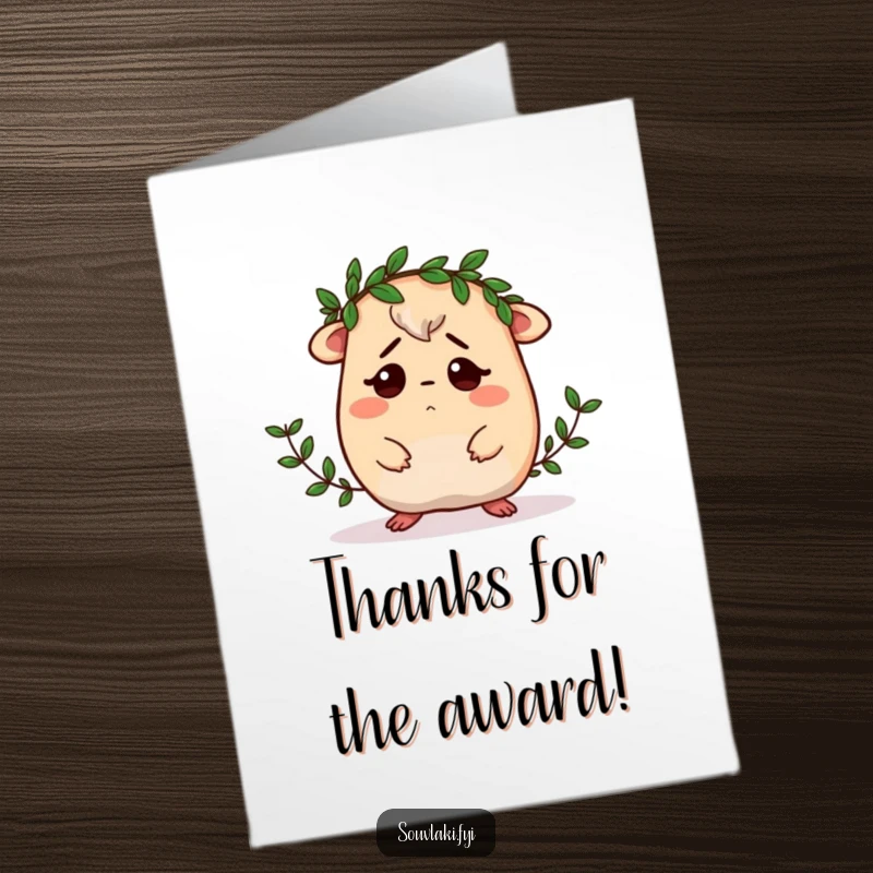 Funny Free Printable Thank You Card: Moussaka attempts to wear a laurel wreath with confusing results, a downloadable greeting.