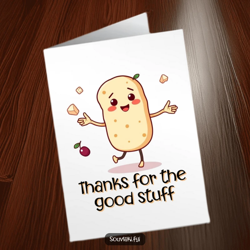 Funny Free Printable Thank You Card: Dancing pita bread character juggling olives and feta cheese, a unique and humorous thank you.