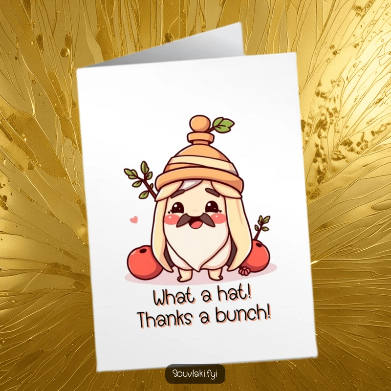 Funny Free Printable Thank You Card: A happy souvlaki sports a tiny amphora as a hat, sending a delightful thank you.