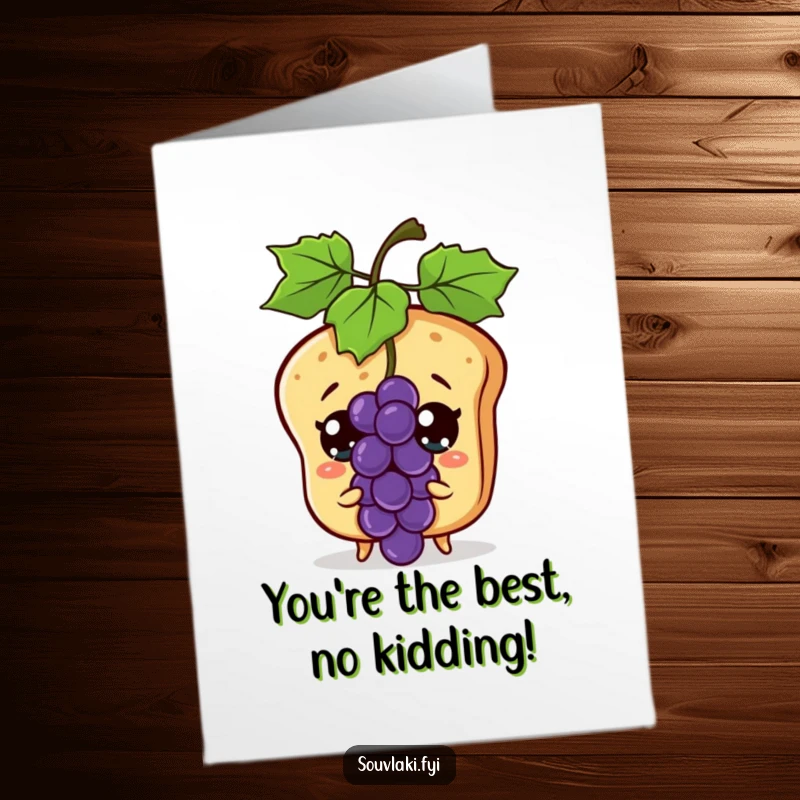 Funny free printable thank you card of a pita bread character looking stunned by a flying grape, conveying surprise and thanks humorously.