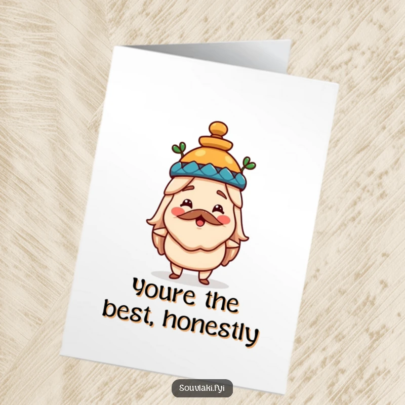 Funny free printable thank you card featuring a happy souvlaki accessorizing with a miniature amphora hat.
