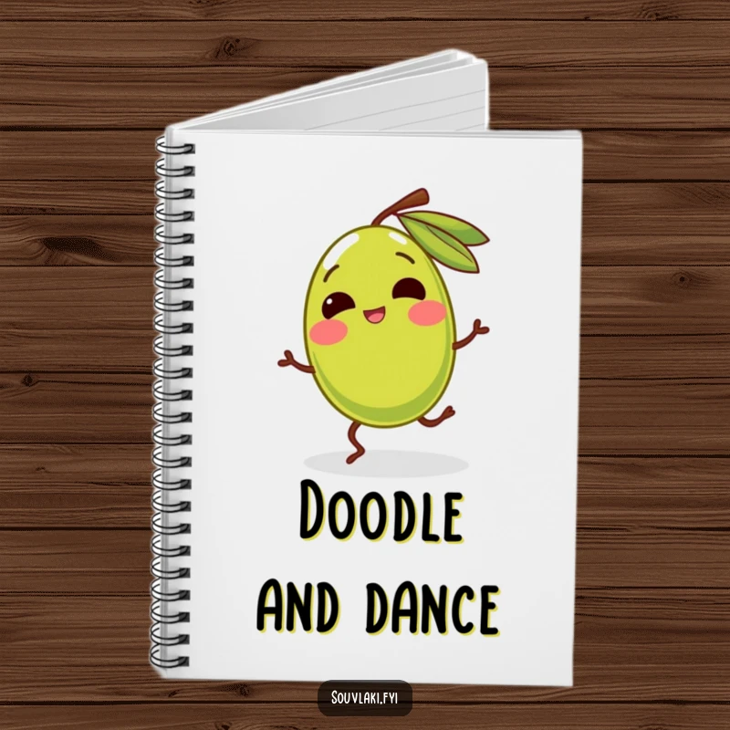 Funny olive character with legs dancing happily on a notebook cover. Perfect for note-taking and journaling, a delightful funny gift.