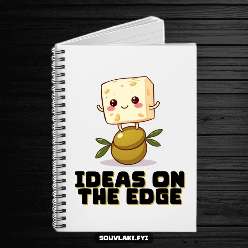 Funny feta cheese notebook with a cheerful cube character hilariously balancing on an olive, inspiring creative and humorous writing.