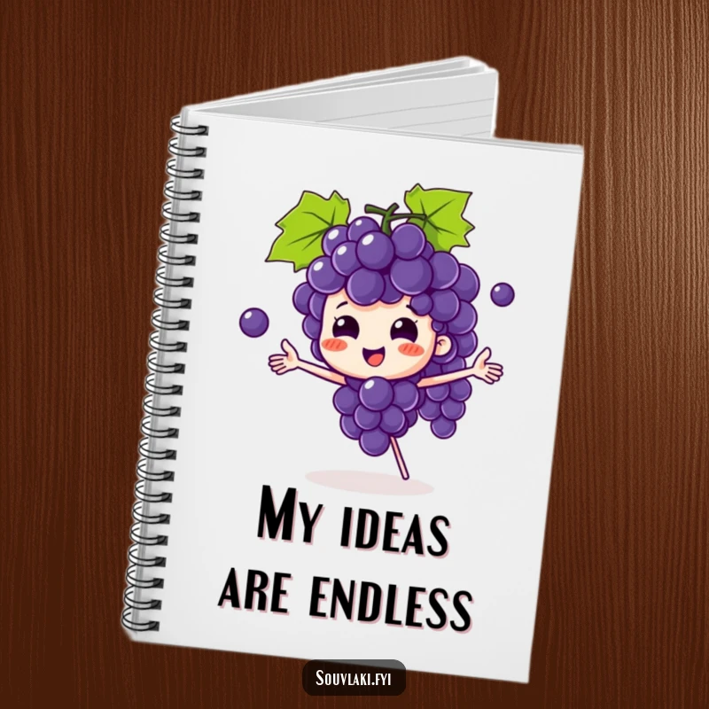 Funny grape bunch notebook with a playful character juggling grapes, inspiring creative thoughts and lighthearted writing.