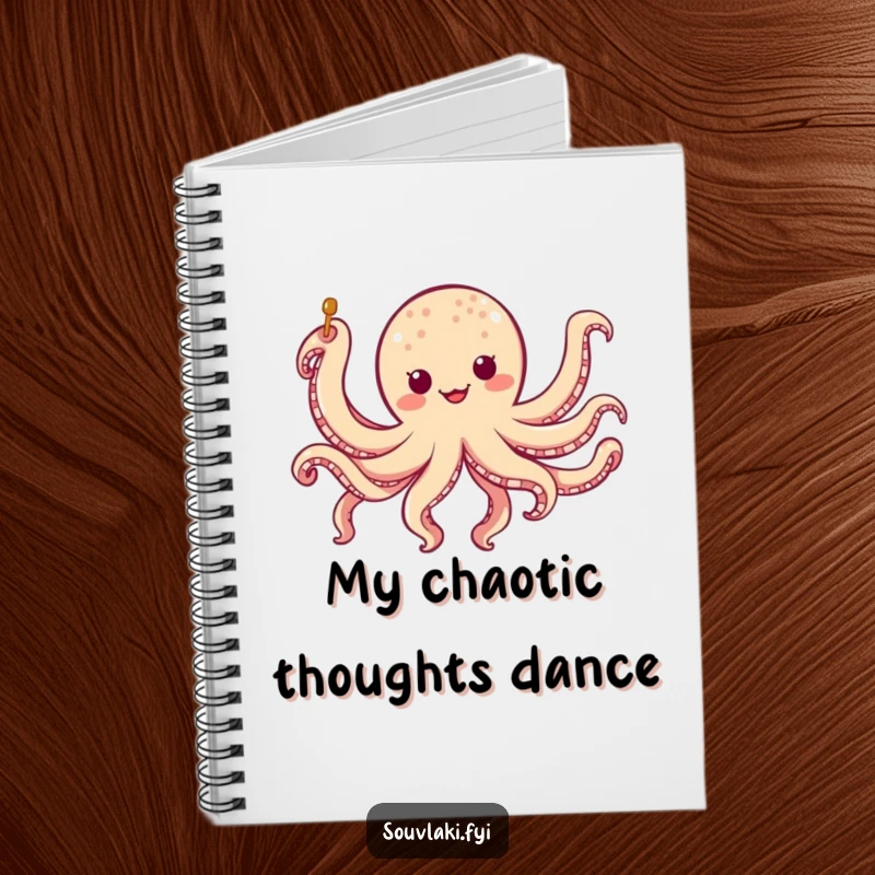 Funny chubby octopus skewer notebook with a character doing a silly eight-legged jig, perfect for jotting down funny ideas gift.