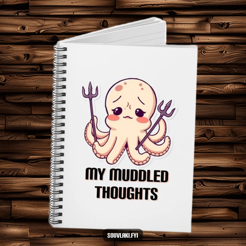 Funny Octopus Notebook: A confused octopus character wears a tiny trident askew, inspiring creative thoughts and whimsical notes within its pages.