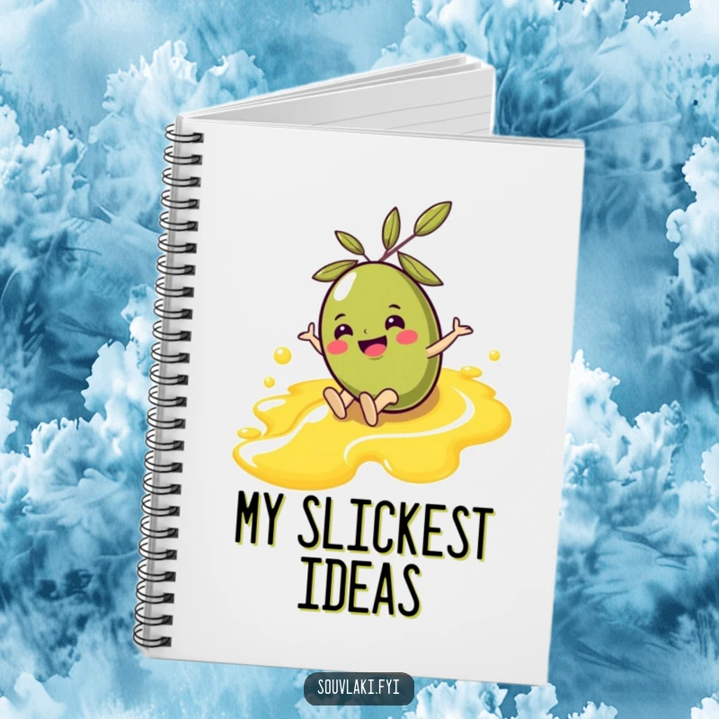Funny Olive Notebook: A cheerful olive character slides down an olive oil stream, inspiring smooth thoughts and creative notes within its pages.