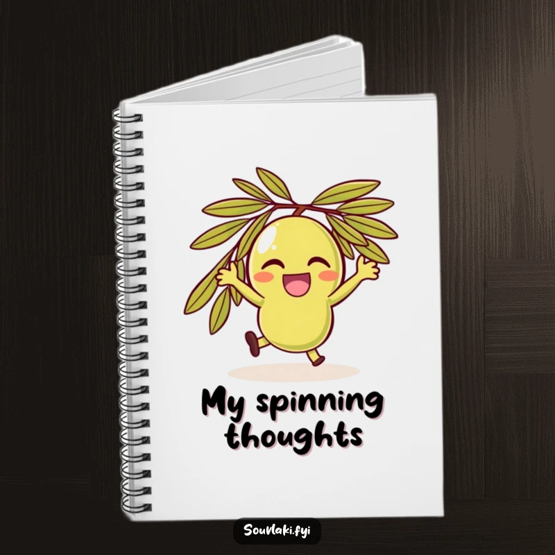Funny delighted olive character spinning, a joyful notebook for all your ideas.
