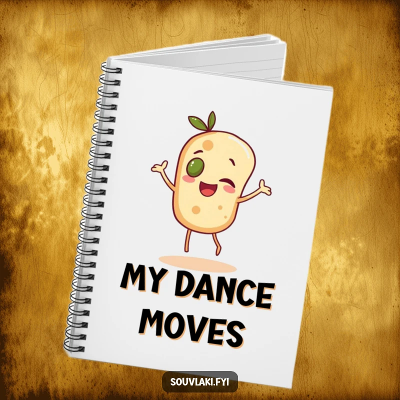 Funny cheerful pita bread character with an olive eye, dancing, featured on a lined notebook.