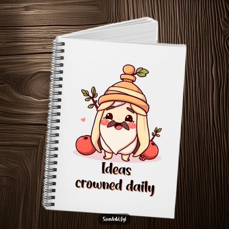 Funny souvlaki notebook, a happy Greek skewer sports an amphora hat, perfect for writing and culinary inspiration.