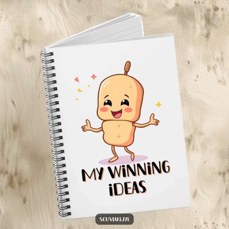 Funny souvlaki skewer character dancing, inspiring creativity on a stylish notebook cover.