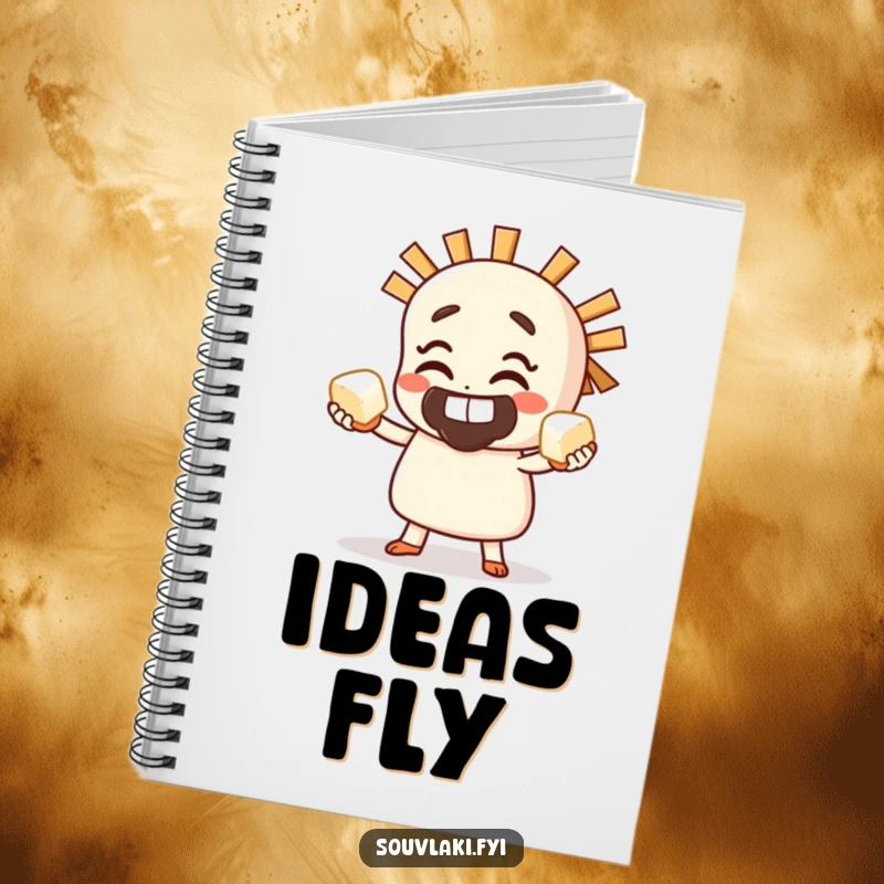 Funny Notebook cover featuring a grinning souvlaki character juggling small feta cubes, symbolizing skill and culinary flair.