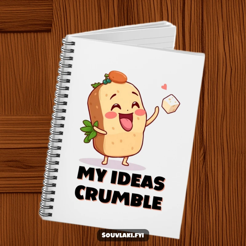 Funny Notebook: A souvlaki playfully tosses a tiny feta cube, perfect for capturing ideas with humorous, foodie spirit.