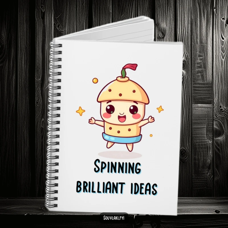 Funny Souvlaki Notebook with a cheerful souvlaki spinning a miniature gyros, perfect for jotting down food ideas.