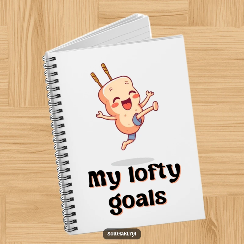 Funny souvlaki skewer character in a high kick pose, inspiring action on a notebook.