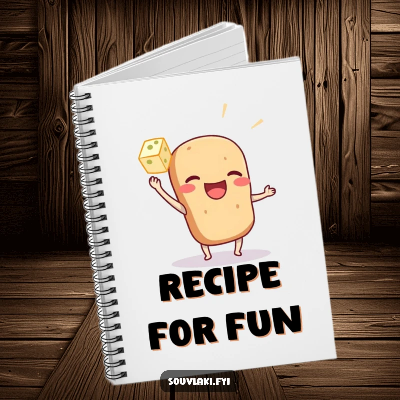 Funny souvlaki character notebook playfully tossing a feta cube, perfect for jotting down recipes and food thoughts with flair.