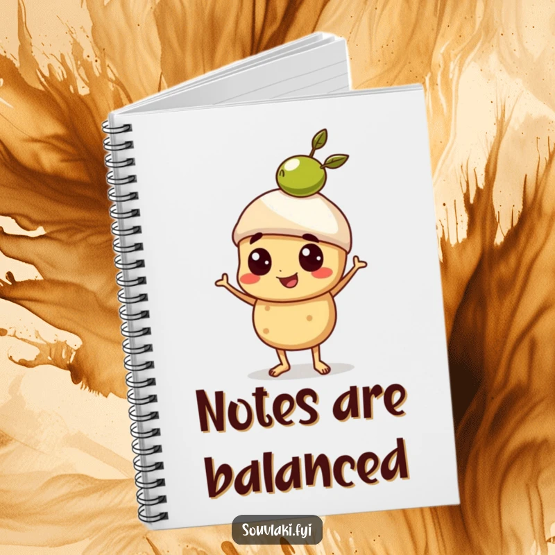 Funny Notebook cover featuring a proud souvlaki character balancing a tiny olive, symbolizing focus and culinary flair.