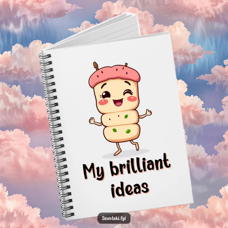 Funny Souvlaki Notebook: A smiling souvlaki skewer character struts confidently, ideal for journaling with a touch of humor.