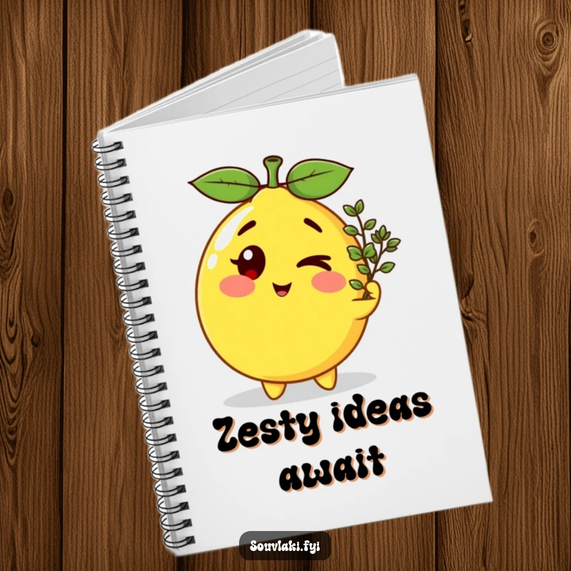 Funny winking lemon character offering oregano, featured on the cover of a lined notebook for jotting notes.