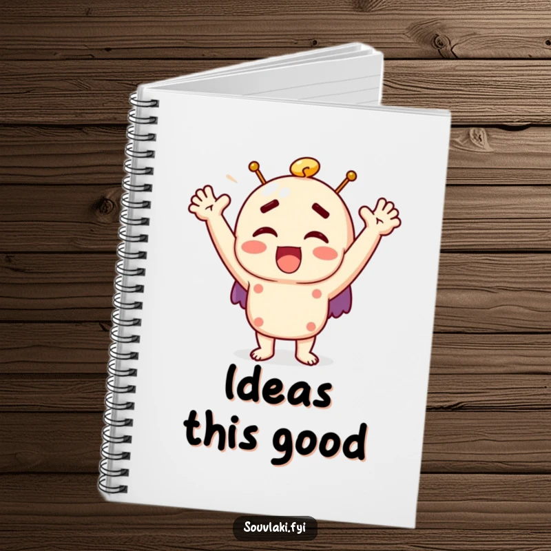 Funny souvlaki notebook with a character exclaiming joyfully with raised arms, ready for notes and ideas.