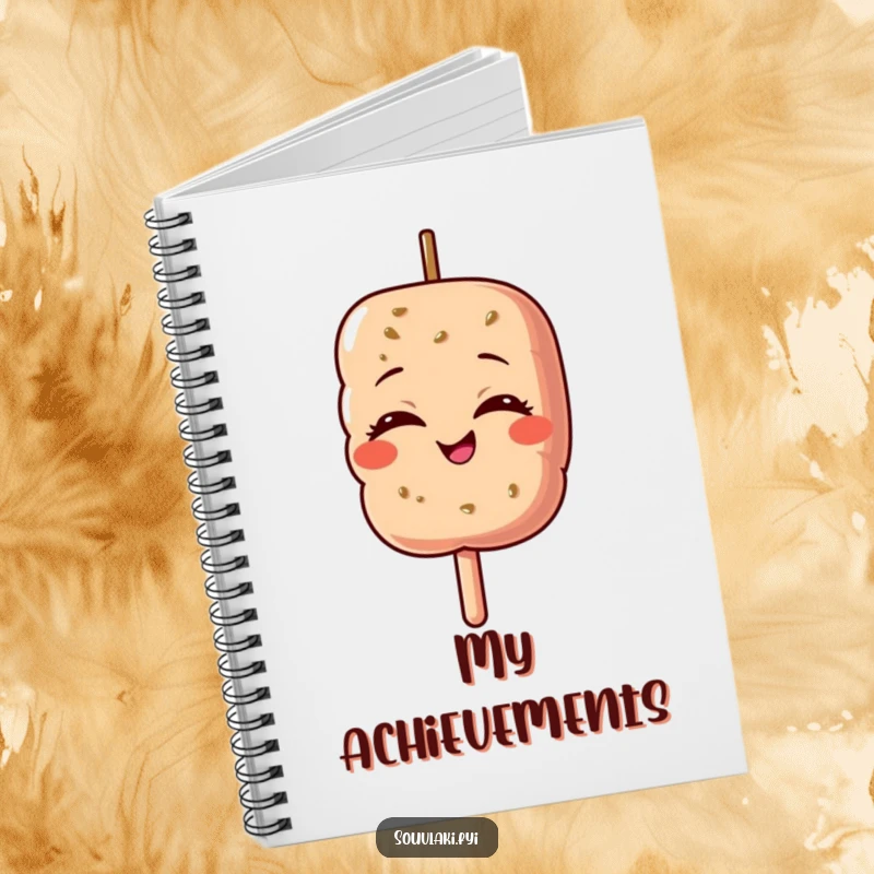 Funny notebook featuring a souvlaki skewer character with eyes shut, beaming with satisfied pride.