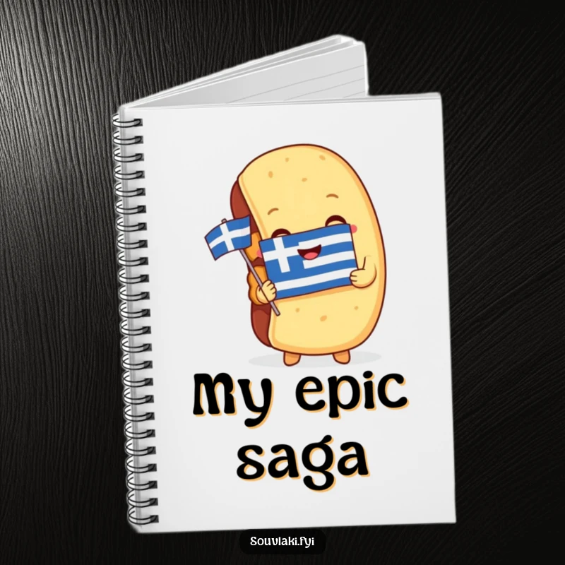 Funny Notebook: A souvlaki embraces a miniature Greek flag, perfect for capturing ideas with humorous, patriotic spirit.