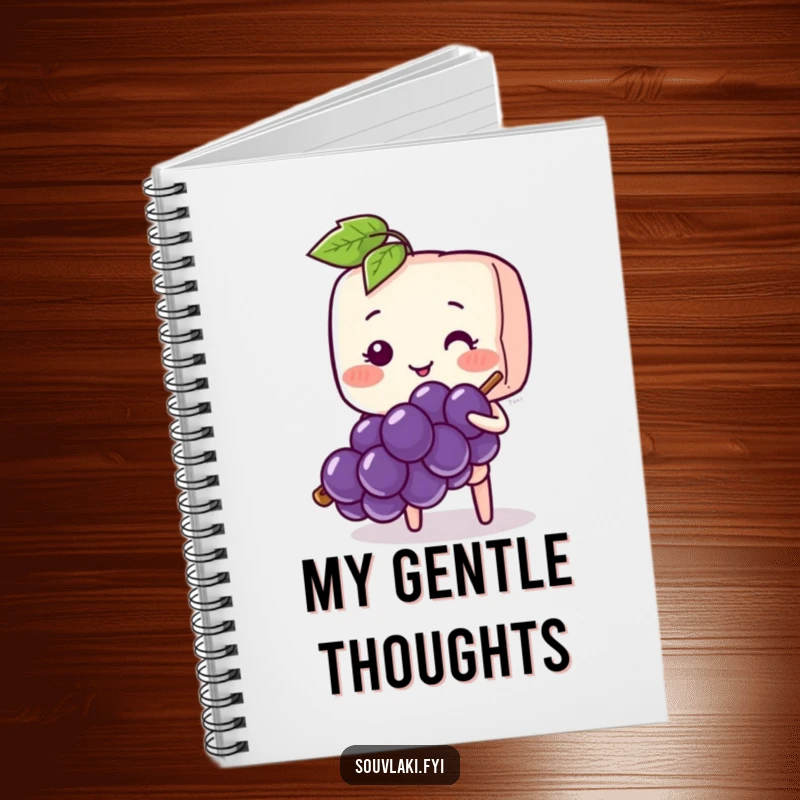 Funny Souvlaki Skewer Shy Thoughts Notebook: A blushing souvlaki skewer shyly offers a grape on its cover.