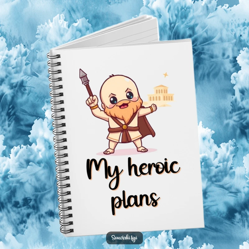 Funny souvlaki notebook with a proud Greek food character posing heroically with a distant temple, perfect for recording epic ideas with humor.