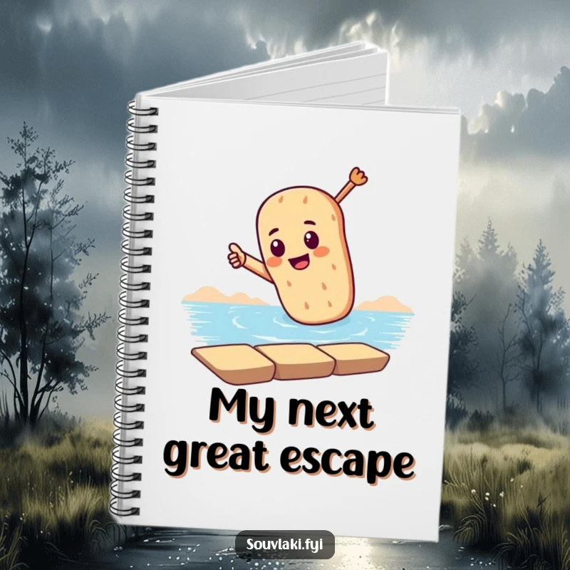 Funny notebook with a souvlaki character dramatically pointing towards the sea, perfect for jotting down travel plans with a humorous touch.