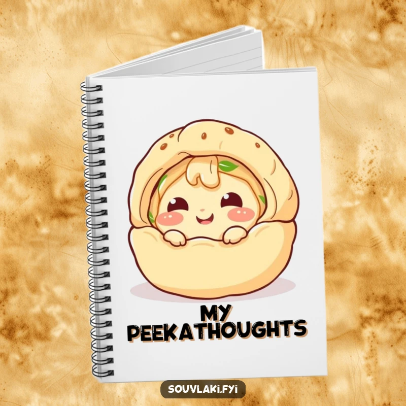 Funny Notebook: A giggling spanakopita character comically peeks from a puff pastry shell, fueling your creative writing.