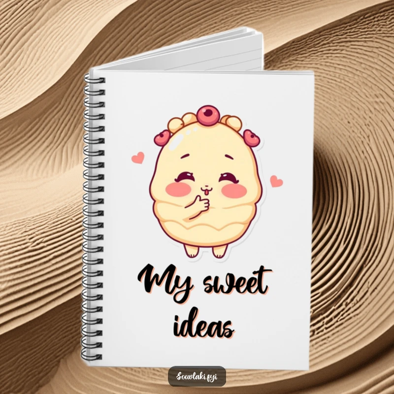 Funny blushing baklava pastry character blowing a kiss on a notebook cover, ideal for journaling with a touch of sweet humor.