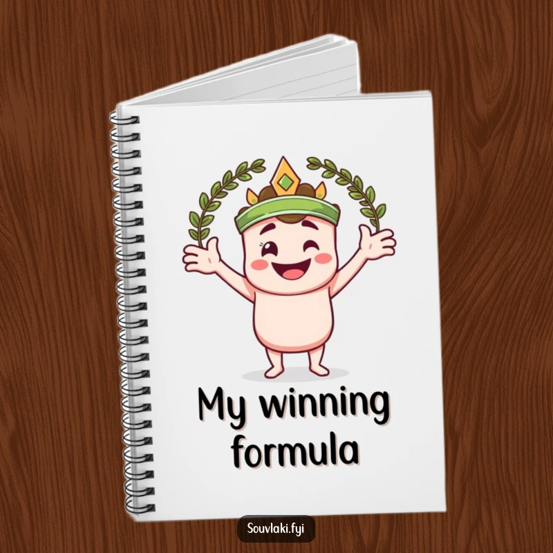 Funny notebook featuring a smiling souvlaki skewer character with arms wide, embracing a laurel wreath.