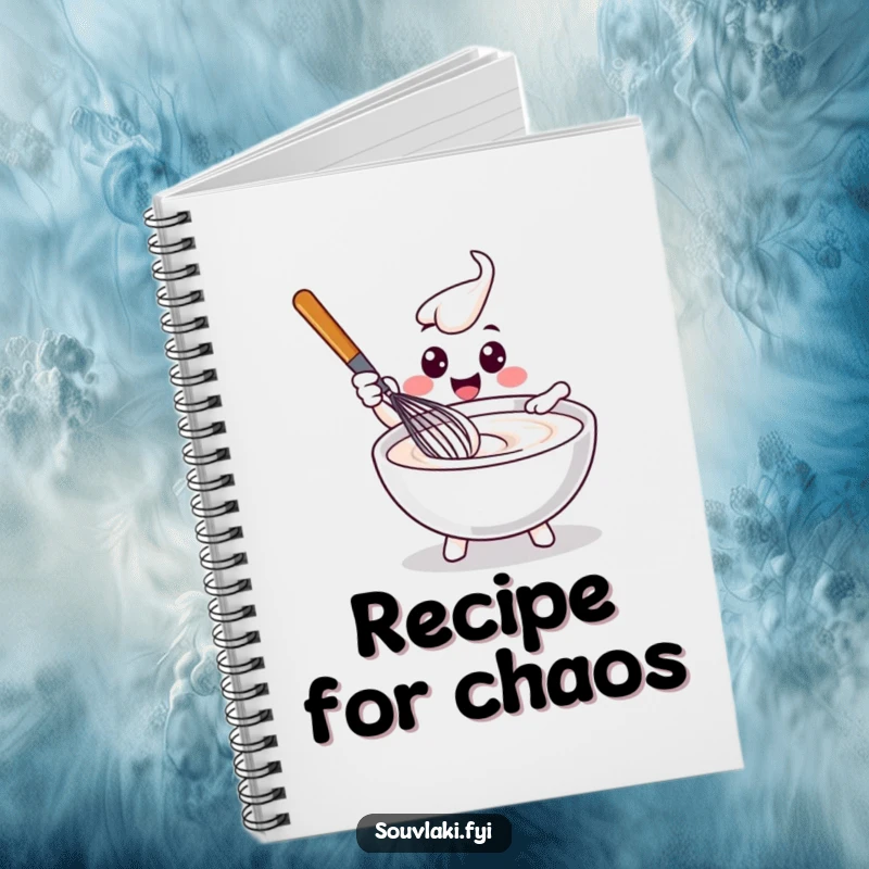 Funny delighted whisk character stirring tzatziki, featured on the cover of a lined notebook.