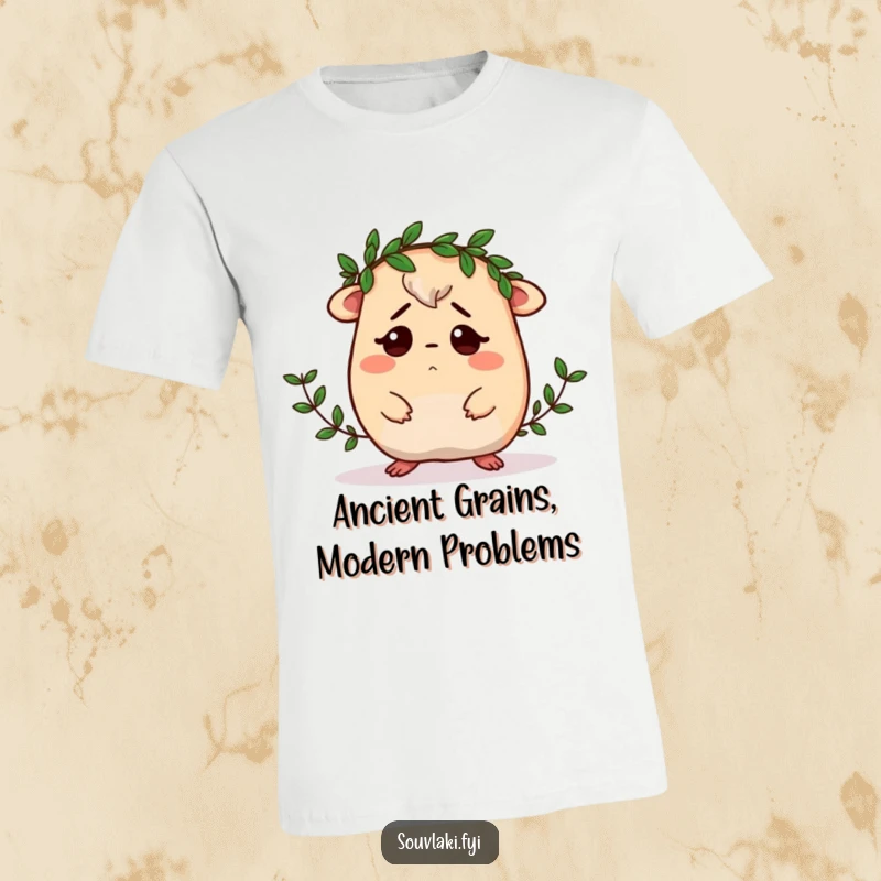 Funny Moussaka T-Shirt: A confused moussaka character comically attempts to wear a small laurel wreath, showcasing its culinary bewilderment.