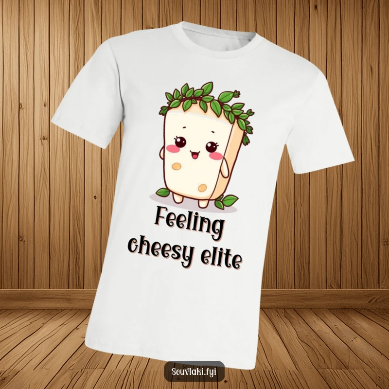 Funny silly feta cheese character comically trying to wear a tiny laurel wreath, printed on a t-shirt.