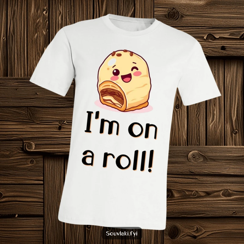Funny T-Shirt: A happy baklava character with nutty layers comically tries to roll downhill, embodying sweet, chaotic fun.