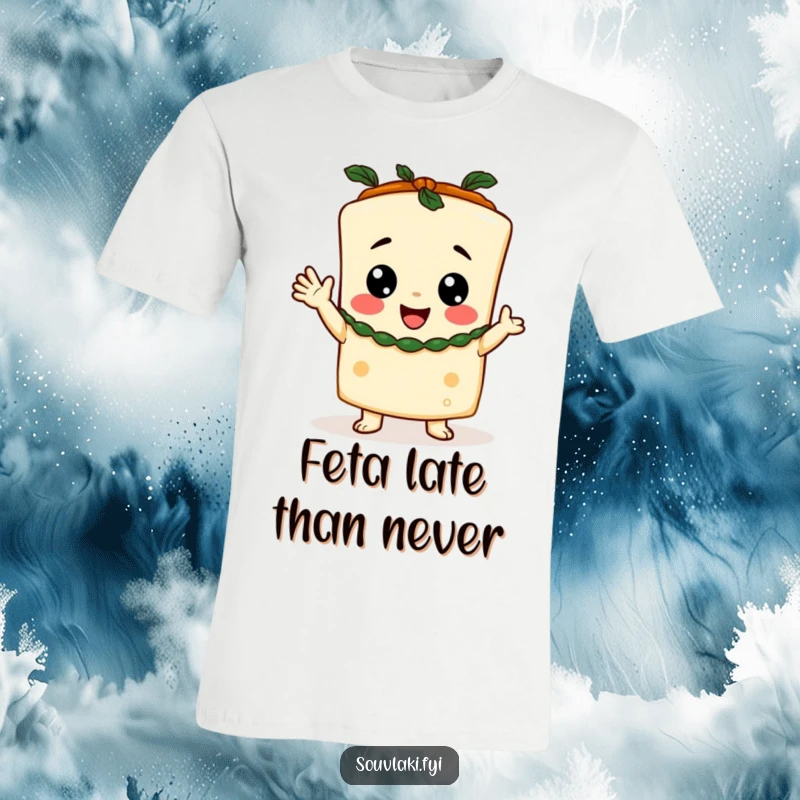 Funny T-Shirt depicting a happy feta cheese character in a toga, enthusiastically cheering and celebrating.