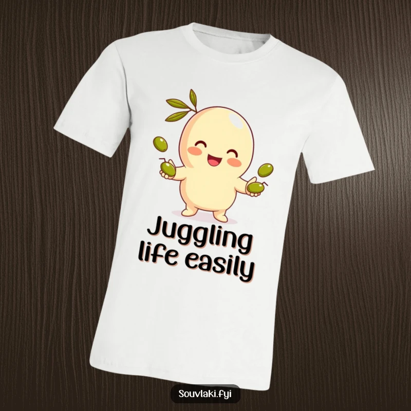 Funny Gyro T-Shirt: A smiling gyro character expertly juggles tiny olives, exuding charm and culinary expertise.