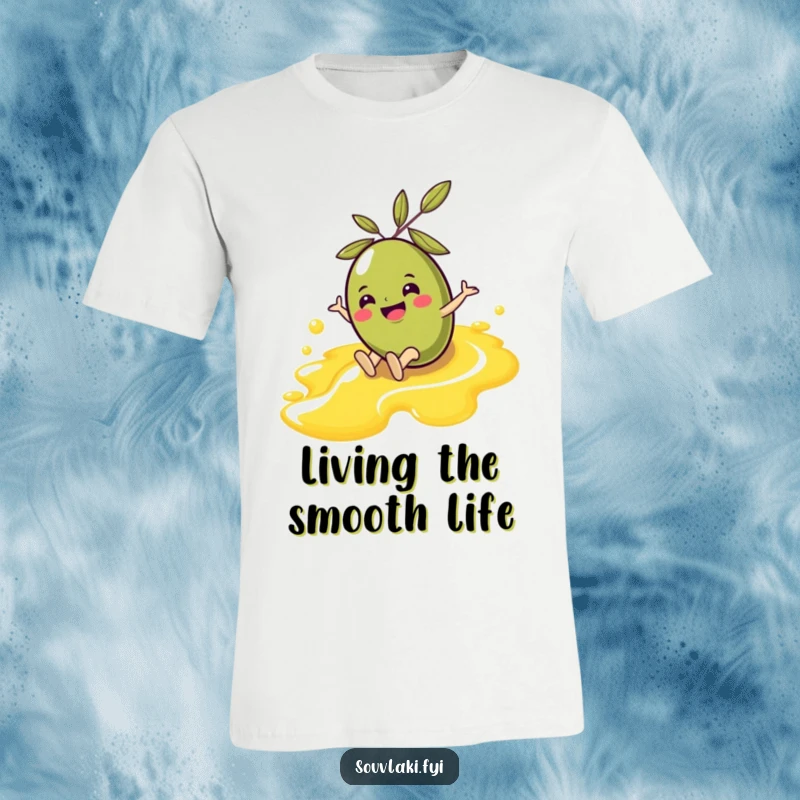 Funny Olive T-Shirt: A cheerful olive character slides gleefully down an olive oil stream, embodying pure, slippery fun.