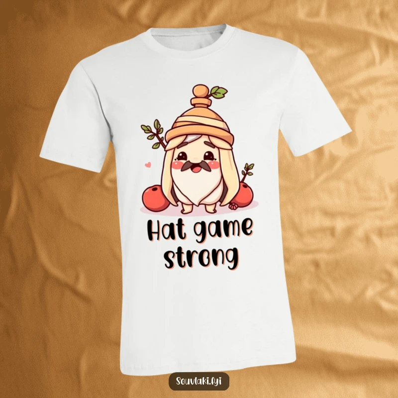 Funny souvlaki t-shirt, a happy Greek skewer sports a miniature amphora as a hat, looking delightfully cheerful.