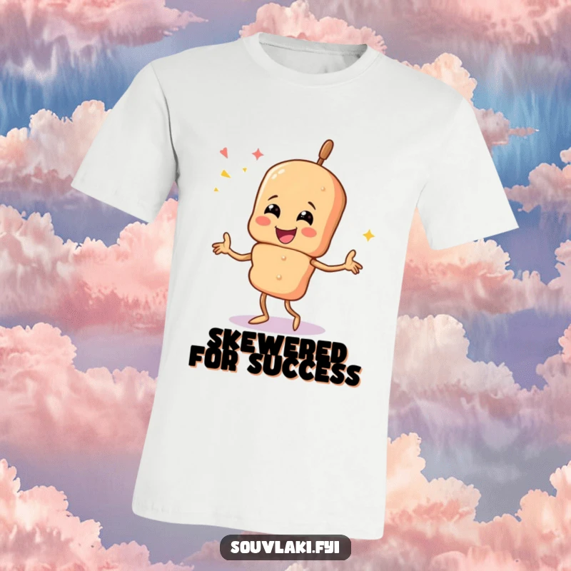 Funny souvlaki skewer character performing a vibrant celebratory dance, perfect for casual wear.