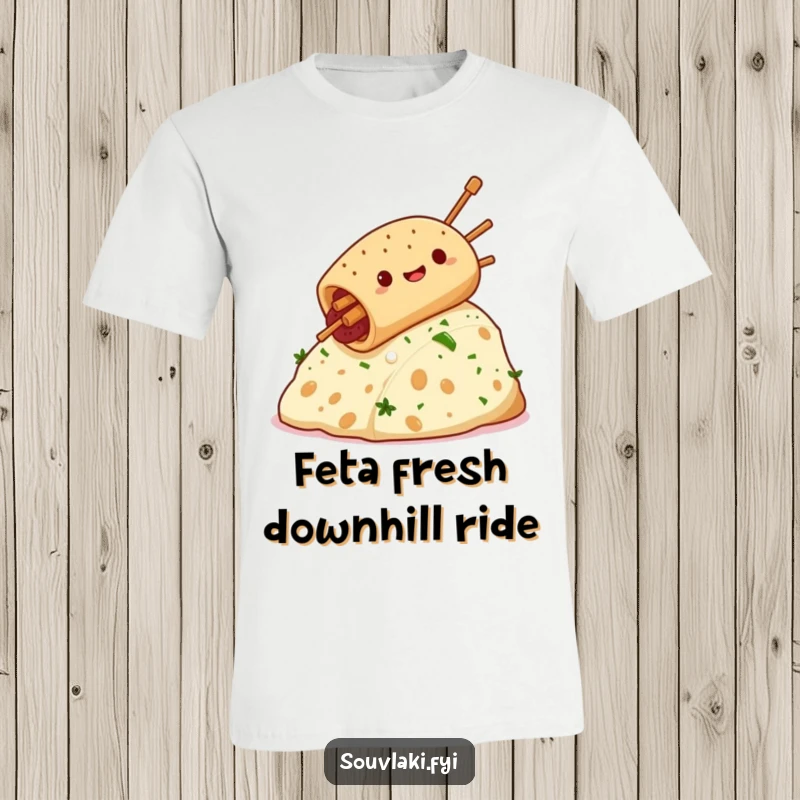 Funny souvlaki mascot joyfully sliding down a massive feta cheese hill, a comical and appetizing scene for your wardrobe.