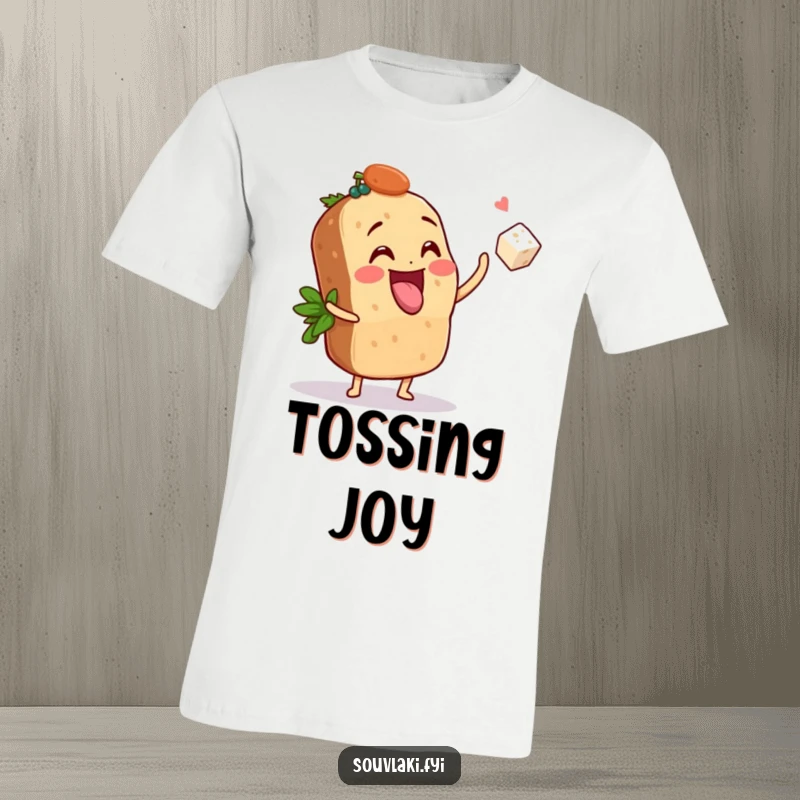 Funny T-Shirt: A souvlaki character playfully tosses a tiny feta cube, radiating joy and a love for delicious food.