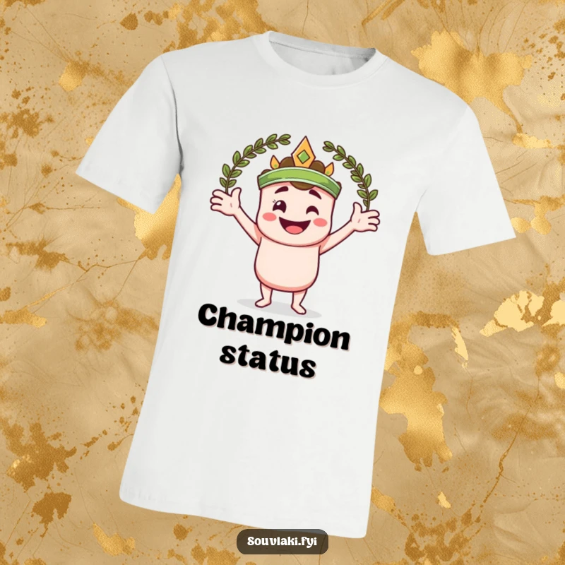 Funny t-shirt of a smiling souvlaki skewer character with arms wide open, embracing a laurel wreath.