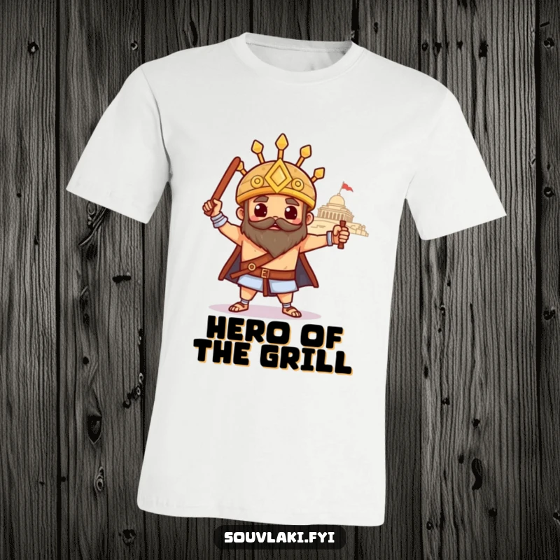 Funny souvlaki t-shirt, a proud Greek skewer poses heroically with a distant temple, celebrating epic culinary journeys.