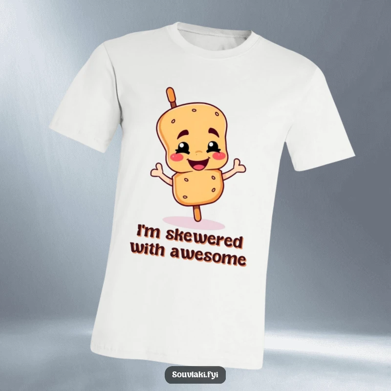 Funny souvlaki skewer t-shirt with a smiling character giving a proud wink, a hilarious clothing gift for food lovers.