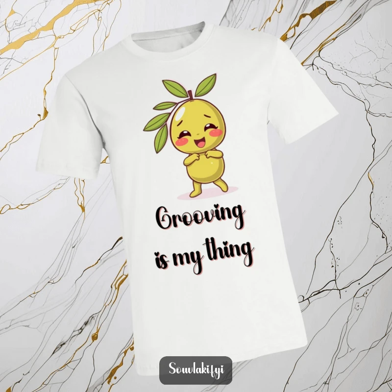 Funny olive t-shirt with a giggling character caught mid-silly dance, radiating pure joy and comical energy.