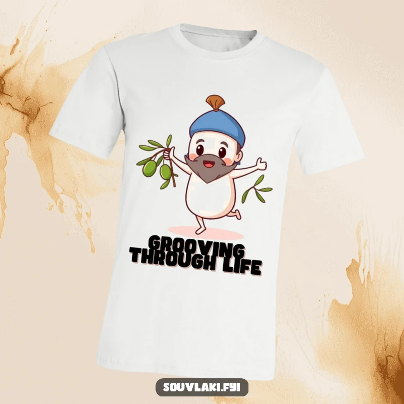 Funny T-Shirt: Souvlaki character performing a whimsical dance, spinning an olive branch creatively.