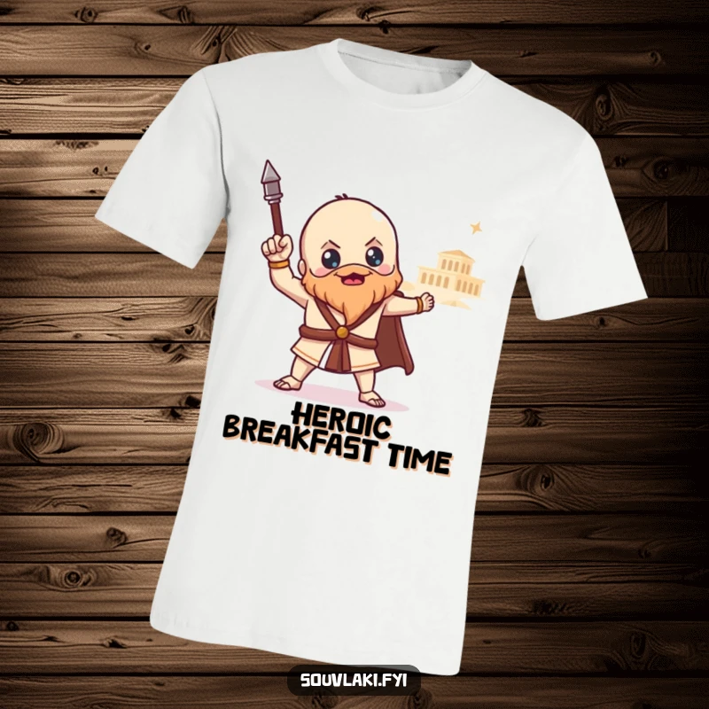 Funny souvlaki t-shirt with a proud Greek food character posing heroically before a distant temple, capturing epic adventures and culinary grandeur.